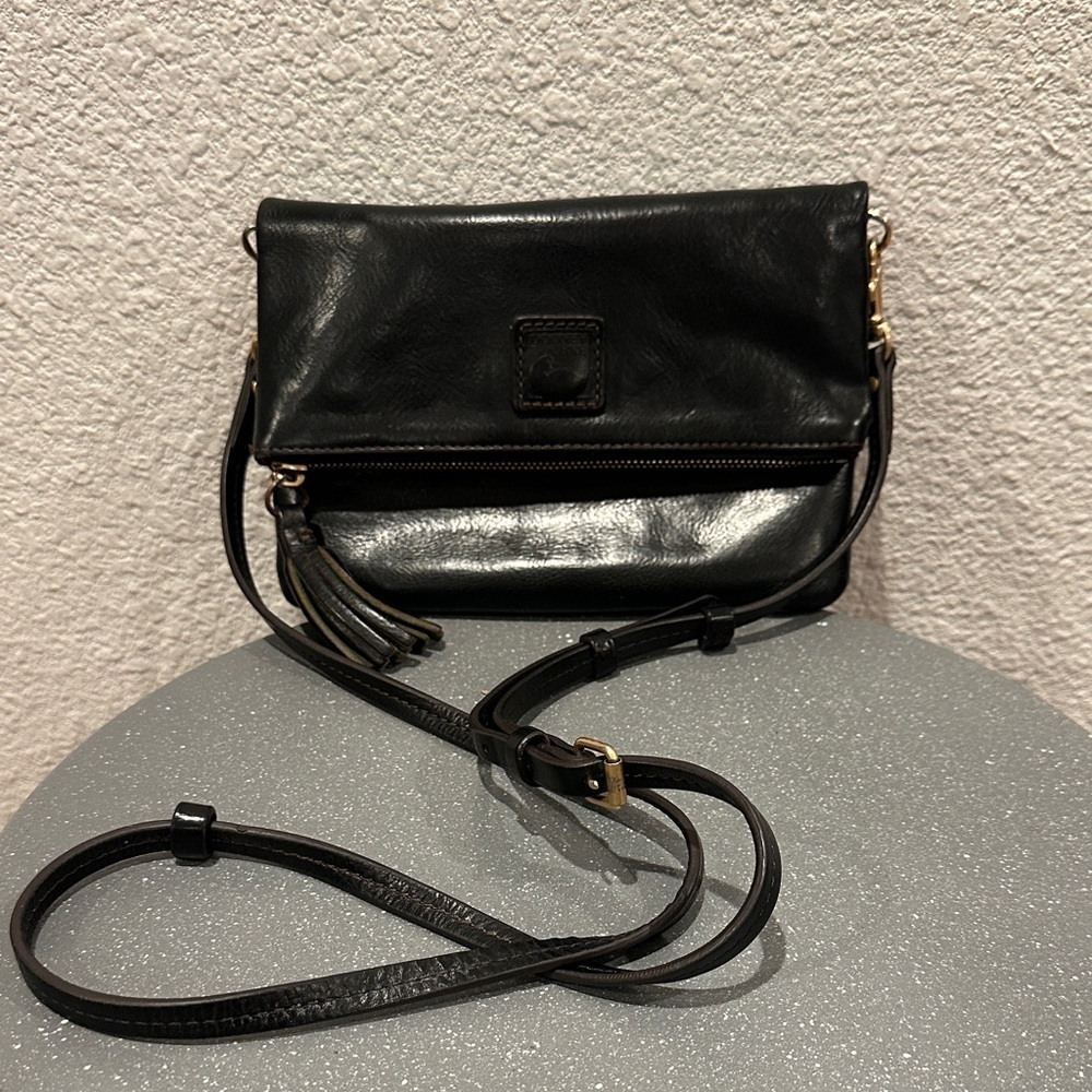 Dooney & Bourke Black Leather Fold-Over Crossbody with Tassel Accent